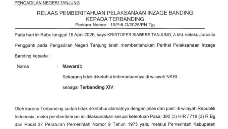 Relaas Pemberitahuan Pelaksanaan Inzage Banding Kepada Terbanding Perkara Nomor: 19/Pdt.G/2025/PN Tjg tanggal 15 April 2026 a.n. Mawardi